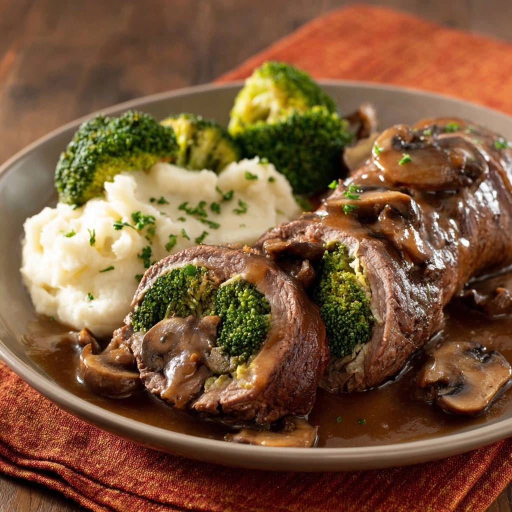Saftige Brokkoli-Pilz-Rouladen mit Kartoffelpüree und Pilzen, angeschnitten zur Ansicht des saftigen Inneren.