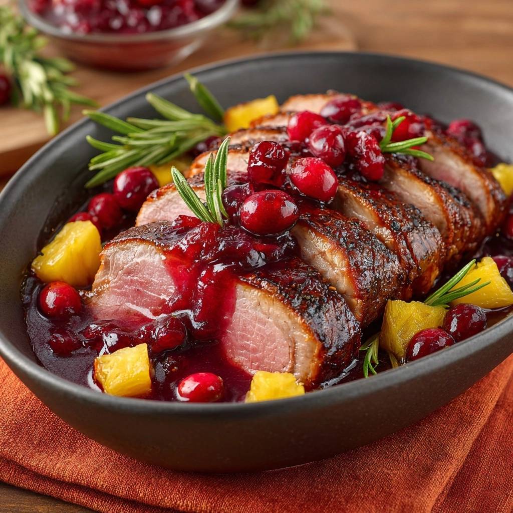 Saftige Entenbrust mit Cranberry-Ananas-Sauce, nahaufnahme des angeschnittenen Fleisches mit Sauce und Beilagen.