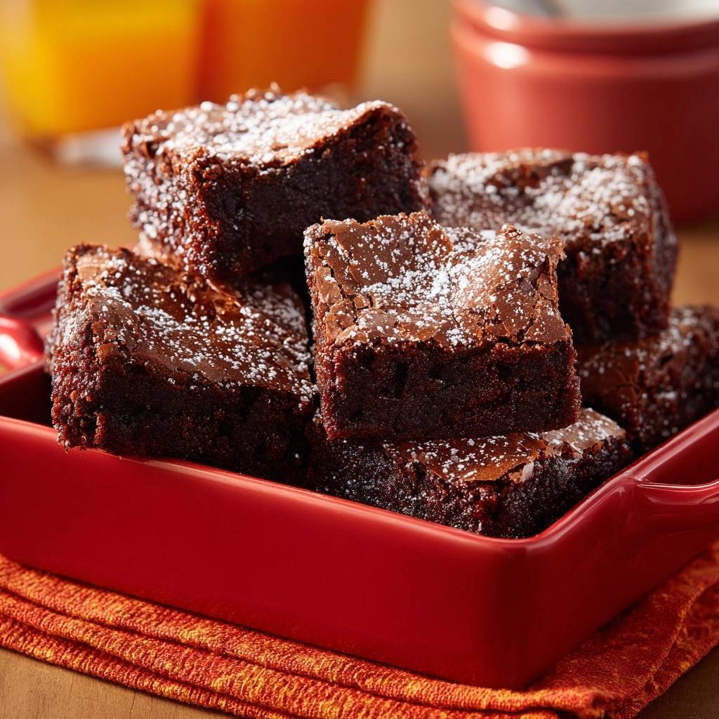 Saftige Schokoladen-Brownies, bestäubt mit Puderzucker, gestapelt in einer roten Servierschale auf einem orangen Tuch.