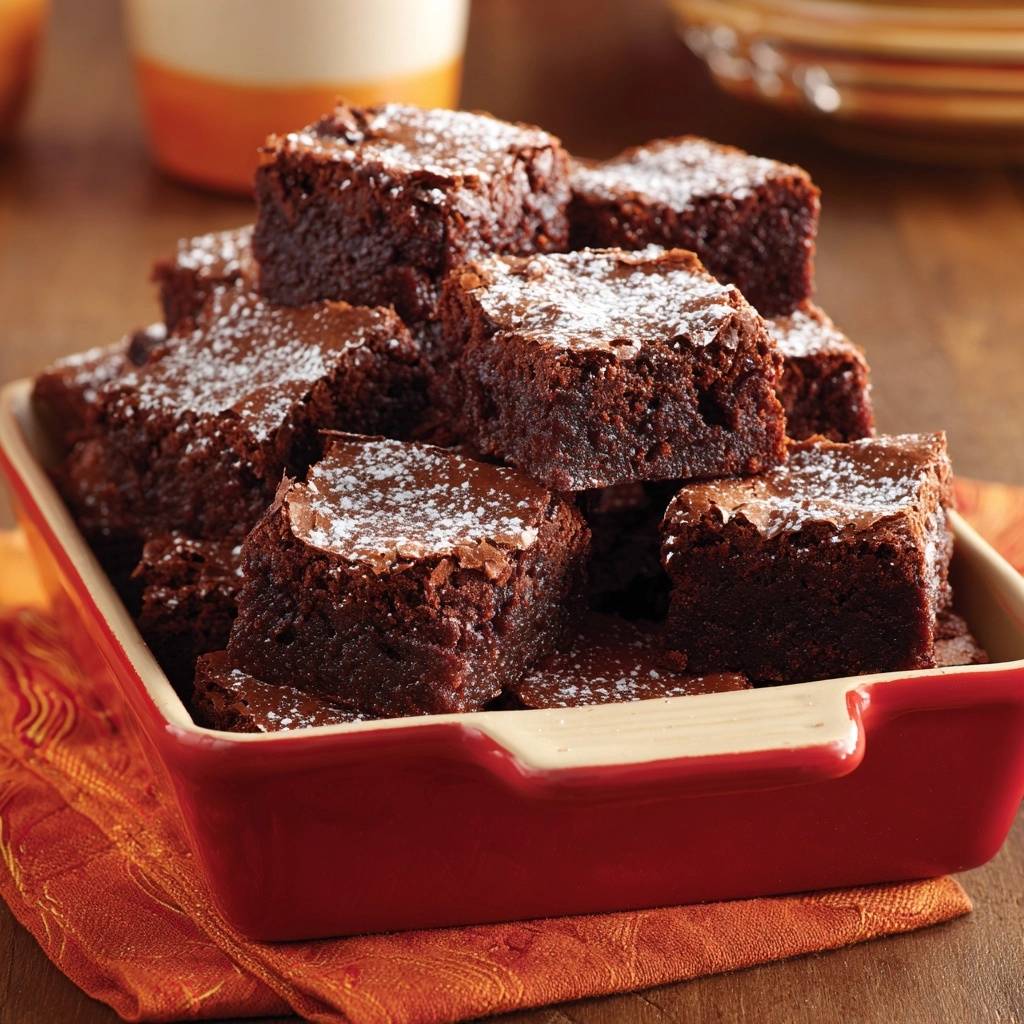 Saftige Schokoladen-Brownies, nah aufgenommen und in einer roten Auflaufform gestapelt, mit Puderzucker bestäubt.