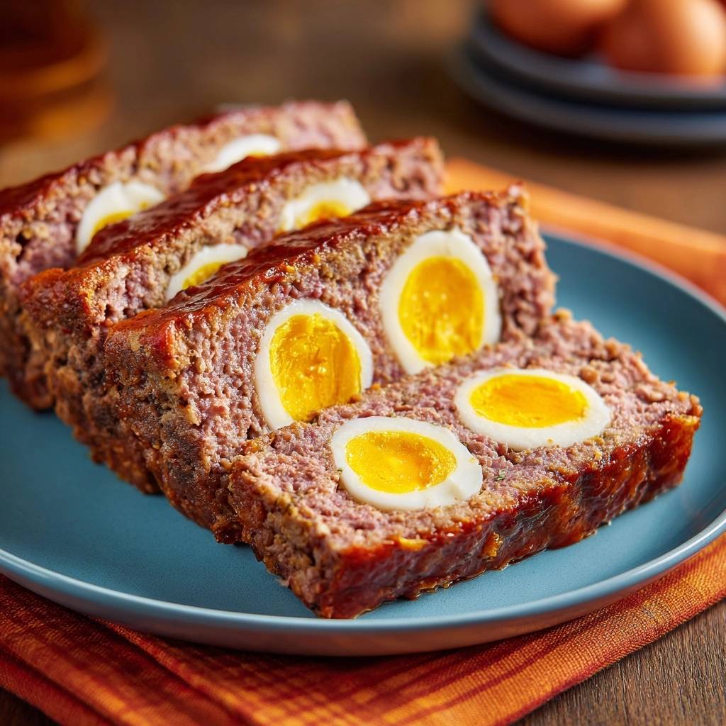 Saftiger Hackbraten mit Ei-Überraschung im Anschnitt, der die gekochten Eier im Inneren zeigt.
