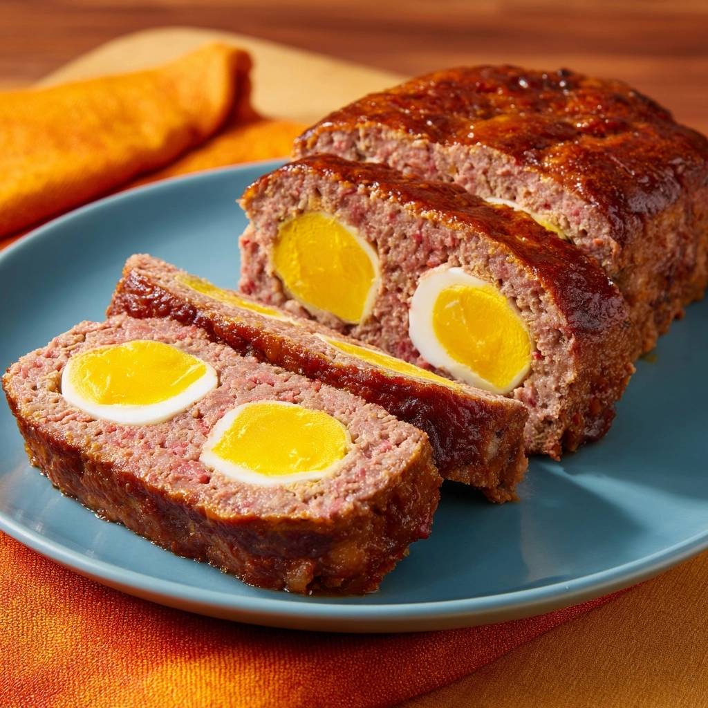 Saftiger Hackbraten mit Ei-Überraschung, angeschnitten und auf einem blauen Teller serviert, mit sichtbaren gekochten Eiern im Inneren.
