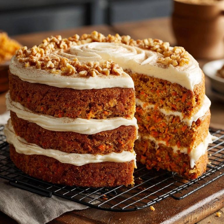 Saftiger Karottenkuchen mit Frischkäse-Frosting, angeschnitten und von der Seite gezeigt, mit sichtbaren Schichten und Walnüssen.