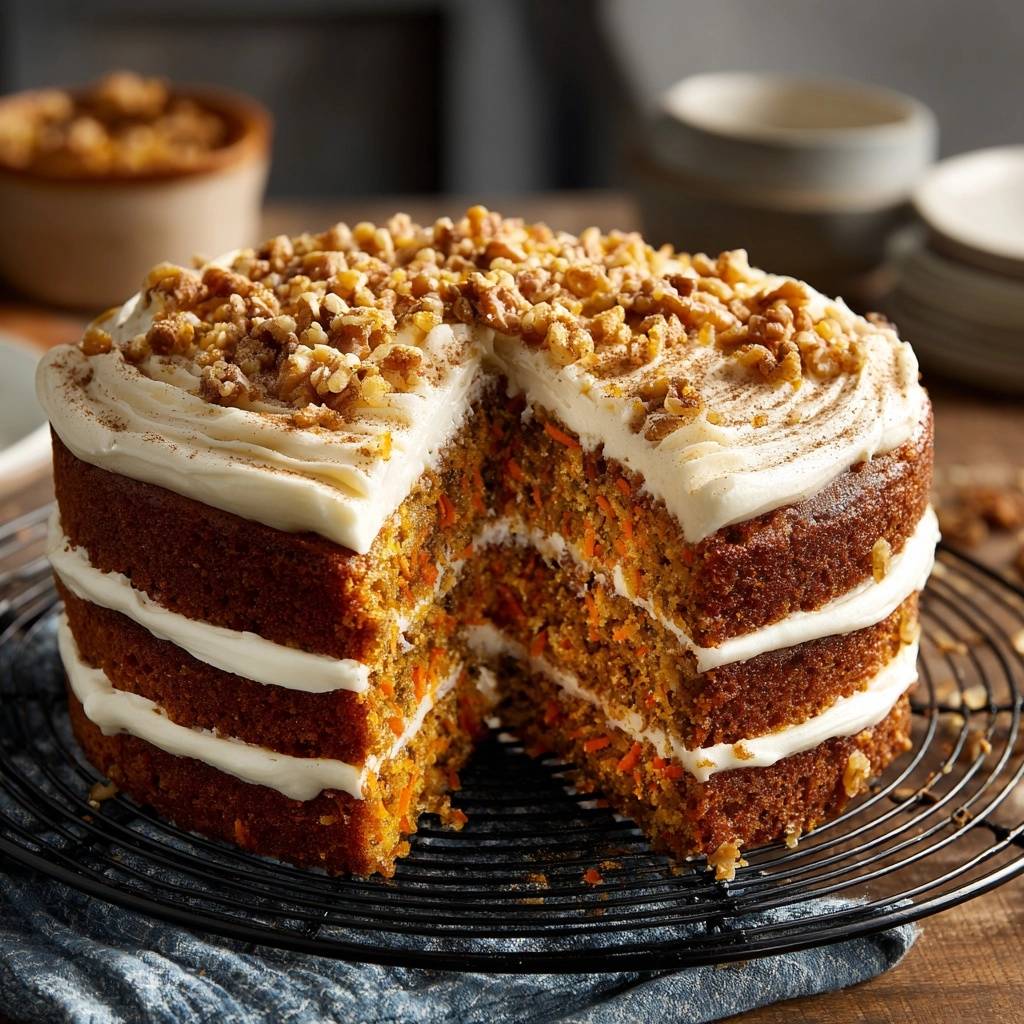 Saftiger Karottenkuchen mit Frischkäse-Frosting, angeschnitten und auf einem Gitterrost präsentiert, mit sichtbaren Schichten und Nüssen.