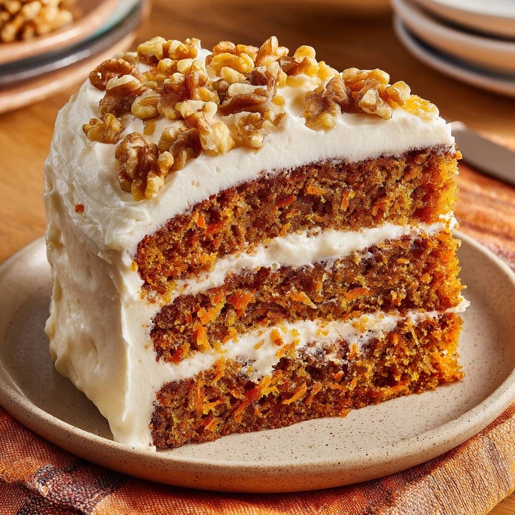 Saftiger Karottenkuchen mit Walnüssen, eine angeschnittene Scheibe mit reichlich Frischkäsefrosting und Nüssen.
