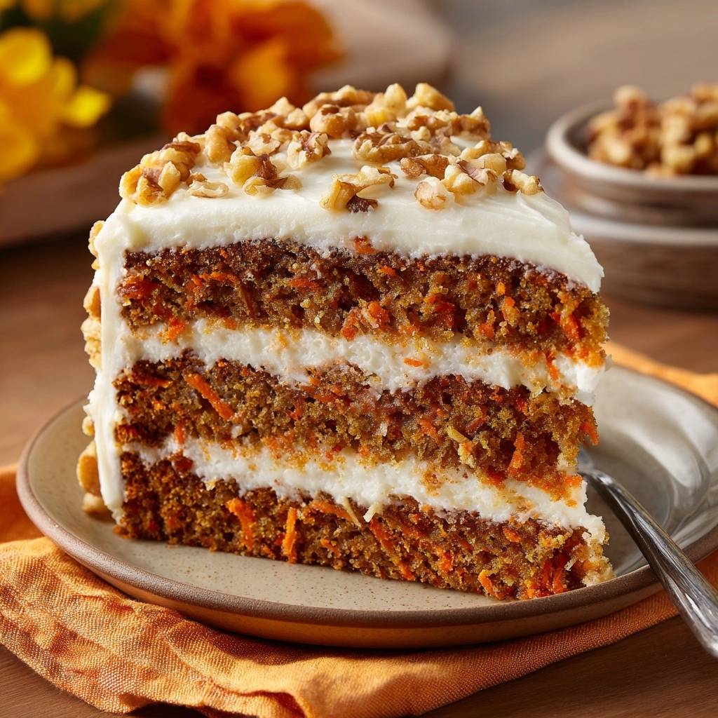 Saftiger Karottenkuchen mit Walnüssen als angeschnittene Scheibe mit vielen Schichten und Frischkäse-Frosting