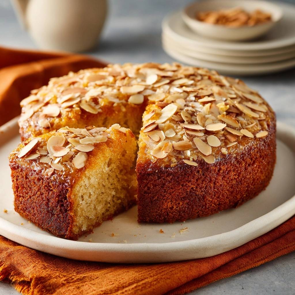 Saftiger Orangen-Mandelkuchen, angeschnitten auf einem Teller, mit gerösteten Mandelblättchen bestreut