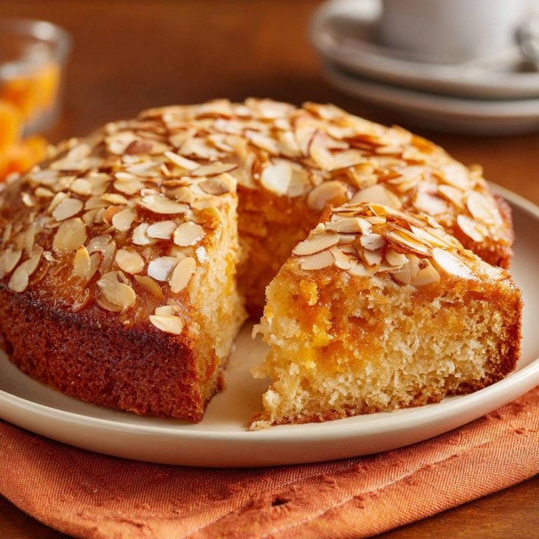 Saftiger Orangen-Mandelkuchen angeschnitten auf einem Teller mit Mandelsplittern und saftiger Füllung.
