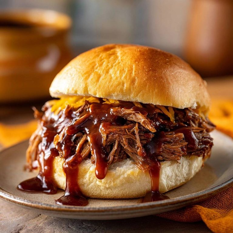 Saftiger Pulled Beef Burger mit geschmolzenem Käse und reichlich BBQ-Sauce, die über den Rand tropft.