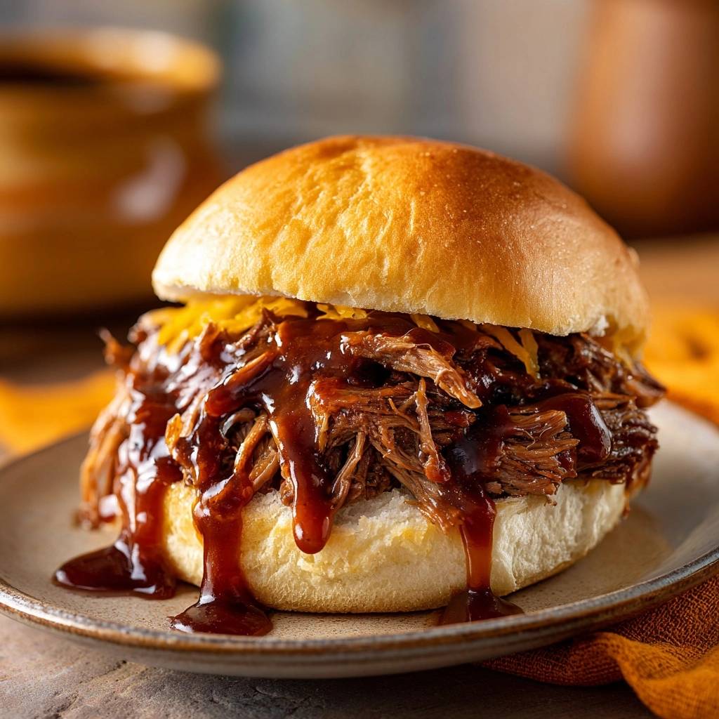 Saftiger Pulled Beef Burger mit geschmolzenem Käse und reichlich BBQ-Sauce, die über den Rand tropft.