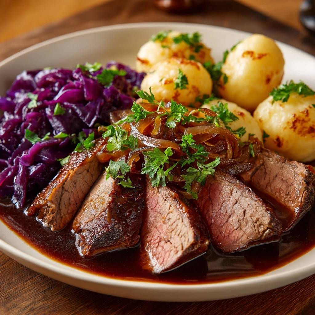 Saftiger Rinderbraten mit Rotkohl und Petersilienkartoffeln, angeschnitten und mit Sauce serviert.
