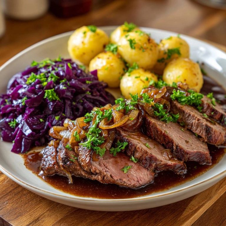 Saftiger Rinderbraten mit Rotkohl und Petersilienkartoffeln, angeschnitten auf einem Teller mit Sauce und garniert mit Petersilie.