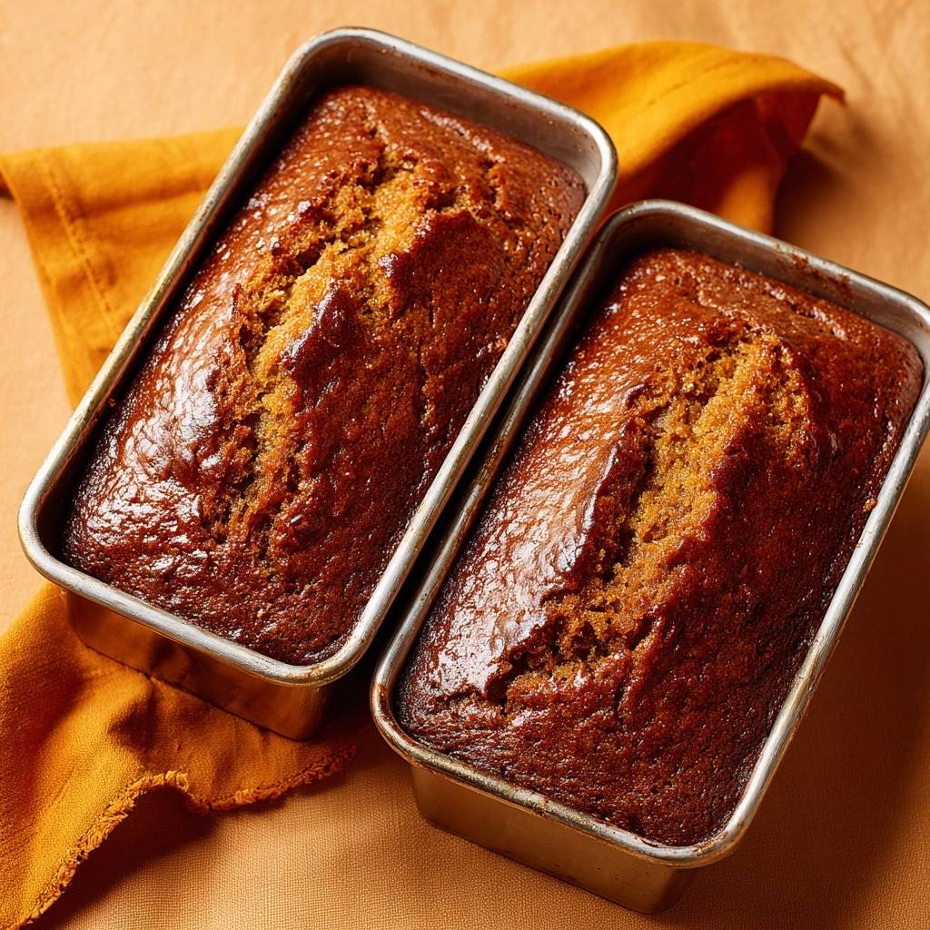 Saftiges Bananenbrot in zwei rechteckigen Metallformen, frisch gebacken und bereit zum Abkühlen.