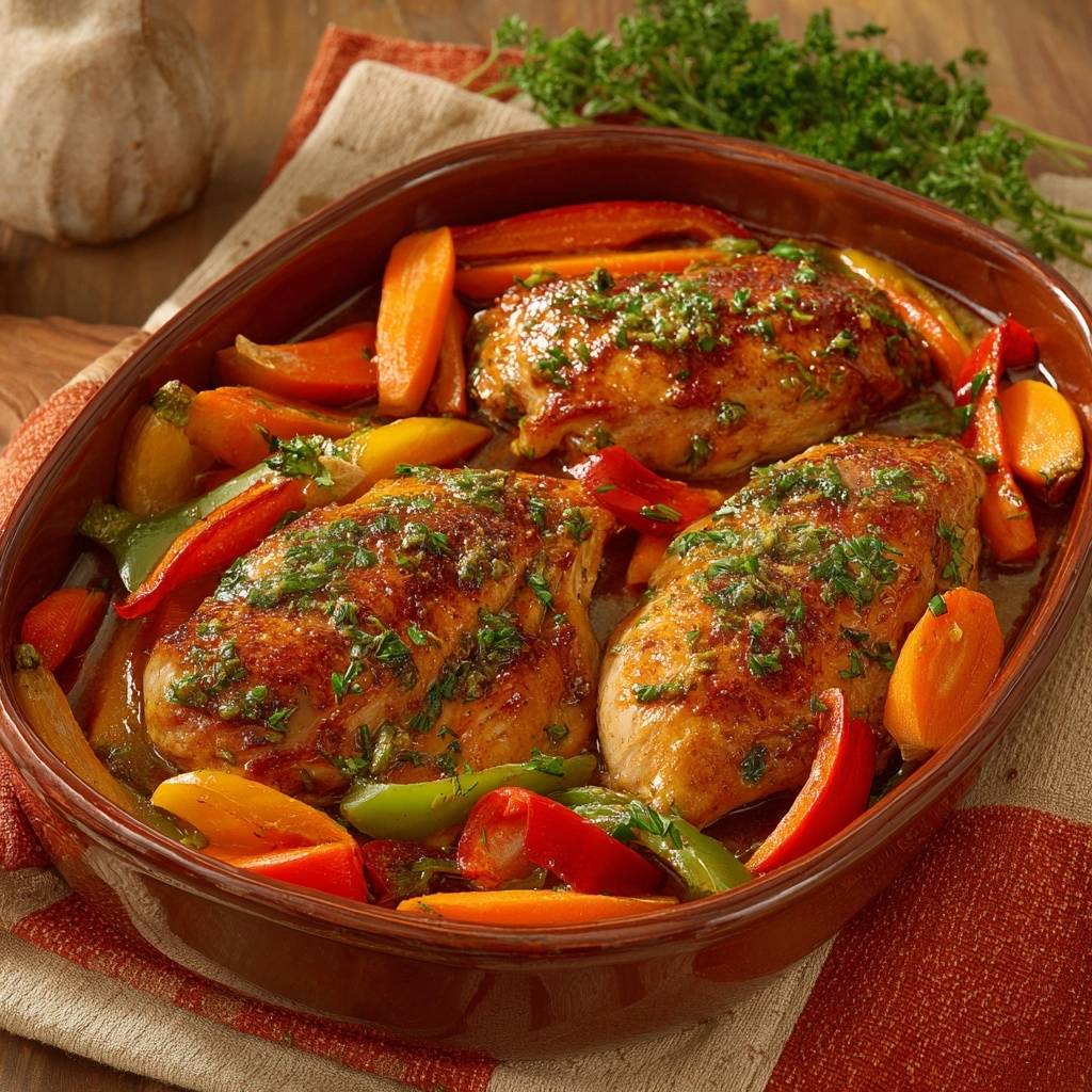 Saftiges Ofenhähnchen mit Paprikagemüse, ein Auflauf mit Hähnchenbrust und buntem Gemüse in einer braunen Auflaufform.