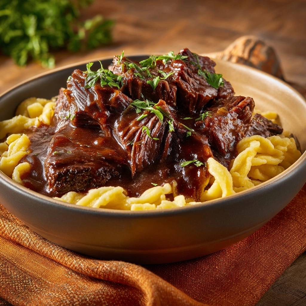 Saftiges Rindergulasch mit Spätzle als Nahaufnahme in einer Schüssel, garniert mit Petersilie