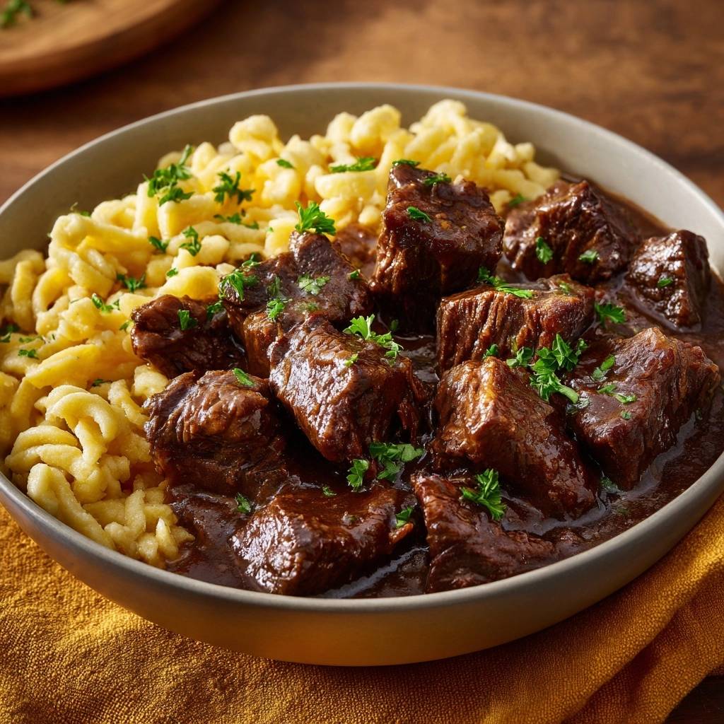 Saftiges Rindergulasch mit Spätzle, eine Nahaufnahme mit viel saftigem Fleisch und Petersilie garniert