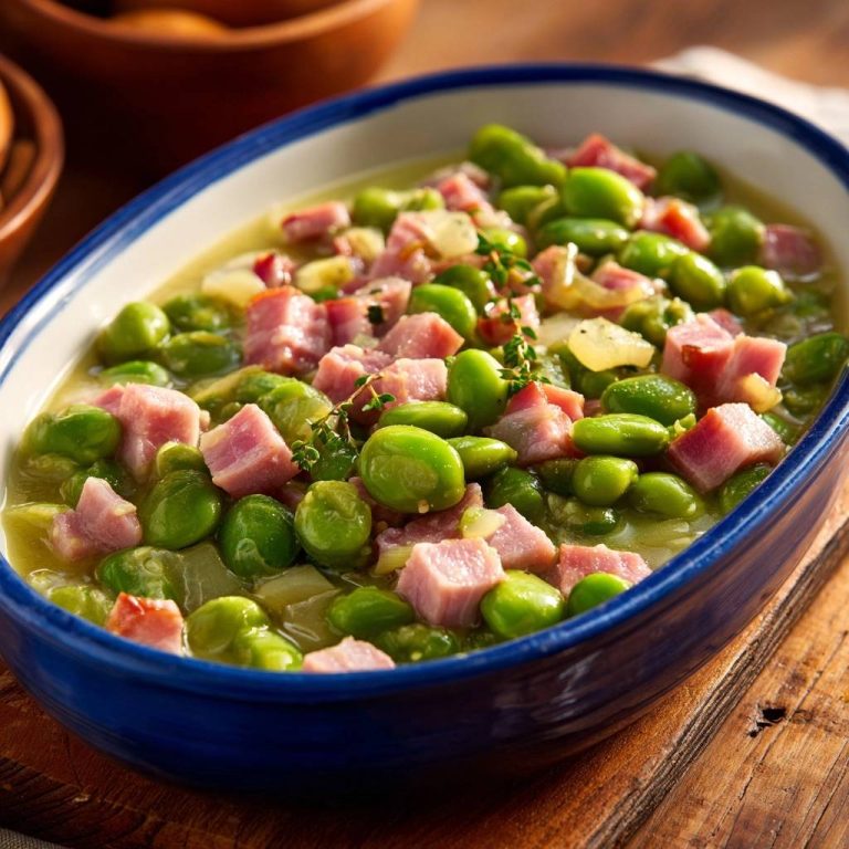 Saubohnen mit Speck, eine Nahaufnahme einer blauen Schüssel, gefüllt mit grünen Bohnen und Speckstücken, garniert mit Kräutern.