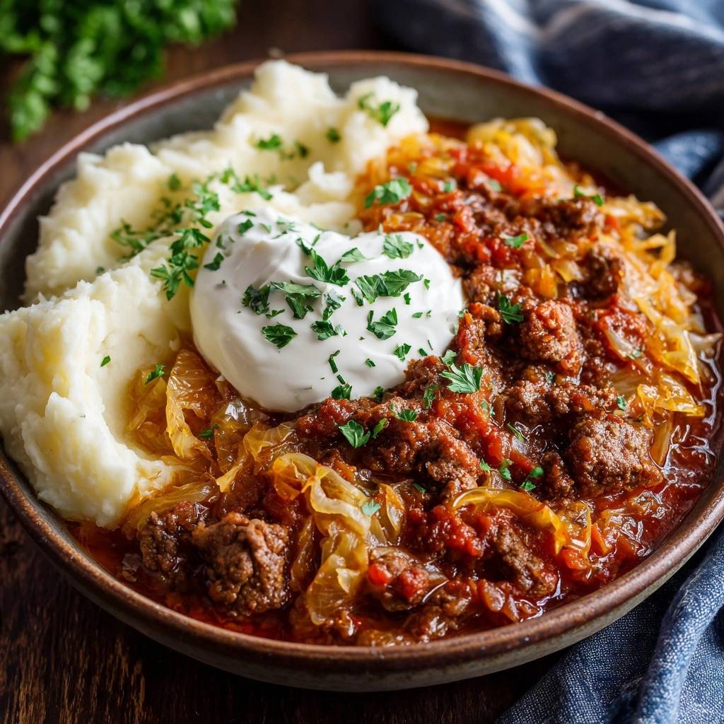 Sauerkraut-Gulasch mit Rindfleisch auf Kartoffelpüree, garniert mit einem Klecks Sauerrahm und Petersilie, Nahaufnahme