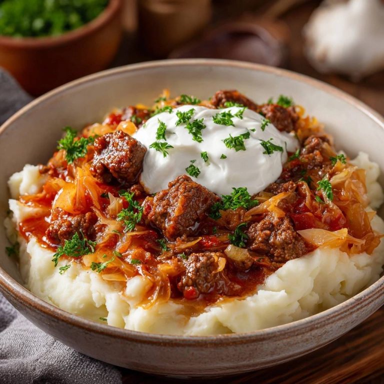 Sauerkraut-Gulasch mit Rindfleisch auf Kartoffelpüree, serviert mit einem Klecks Sauerrahm und Petersilie als Nahaufnahme mit Topping.