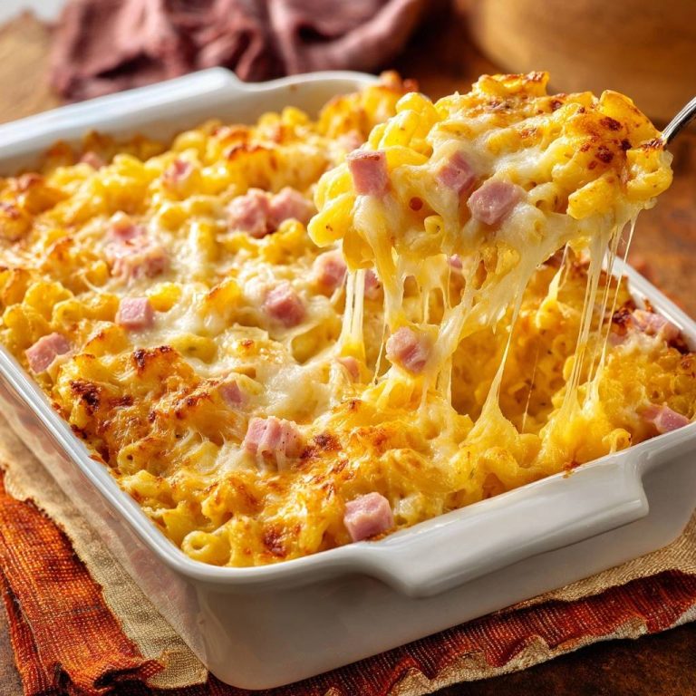 Knuspriger Schinken-Mac-and-Cheese-Auflauf mit einem Löffel, der klebrigen, geschmolzenen Käse heraushebt.