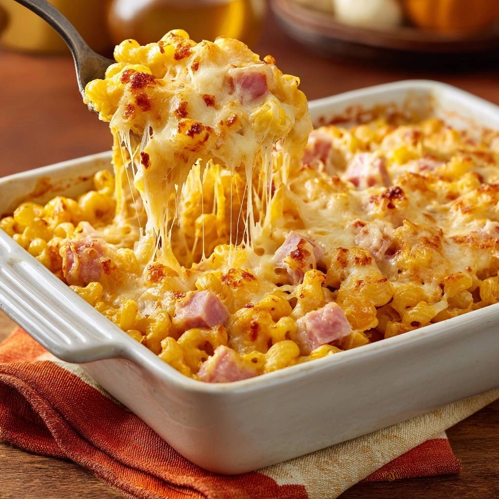 Knuspriger Schinken-Mac-and-Cheese-Auflauf mit langgezogenem Käse, frisch aus dem Ofen serviert.