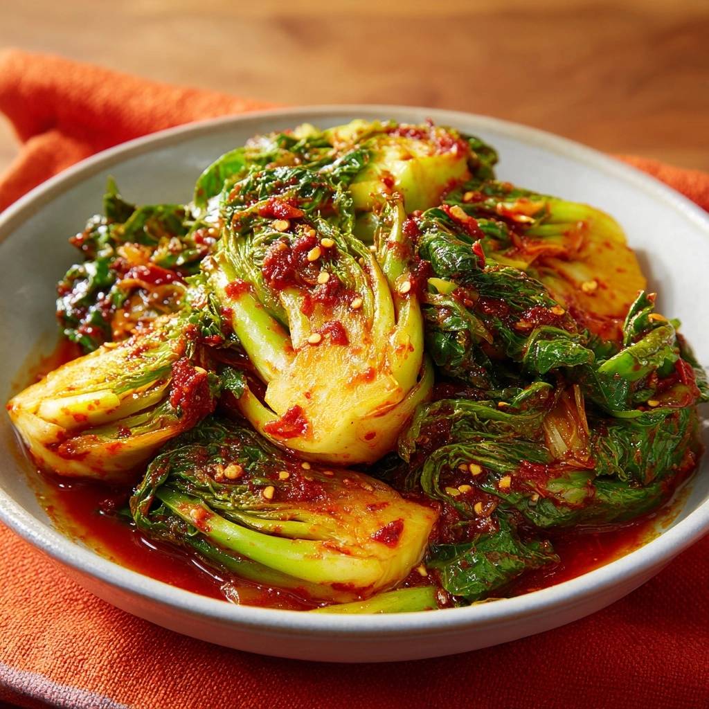 Schnelles Bok-Choi-Kimchi nahaufnahme der würzigen Marinade mit sichtbaren Gewürzen und knackigen Blättern.