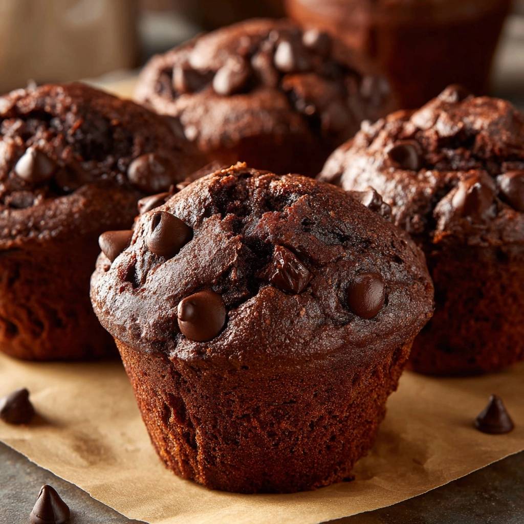 Schoko-Chunk-Muffins: Nahaufnahme von einem saftigen Muffin mit vielen sichtbaren Schokostückchen, die aus dem Teig ragen.