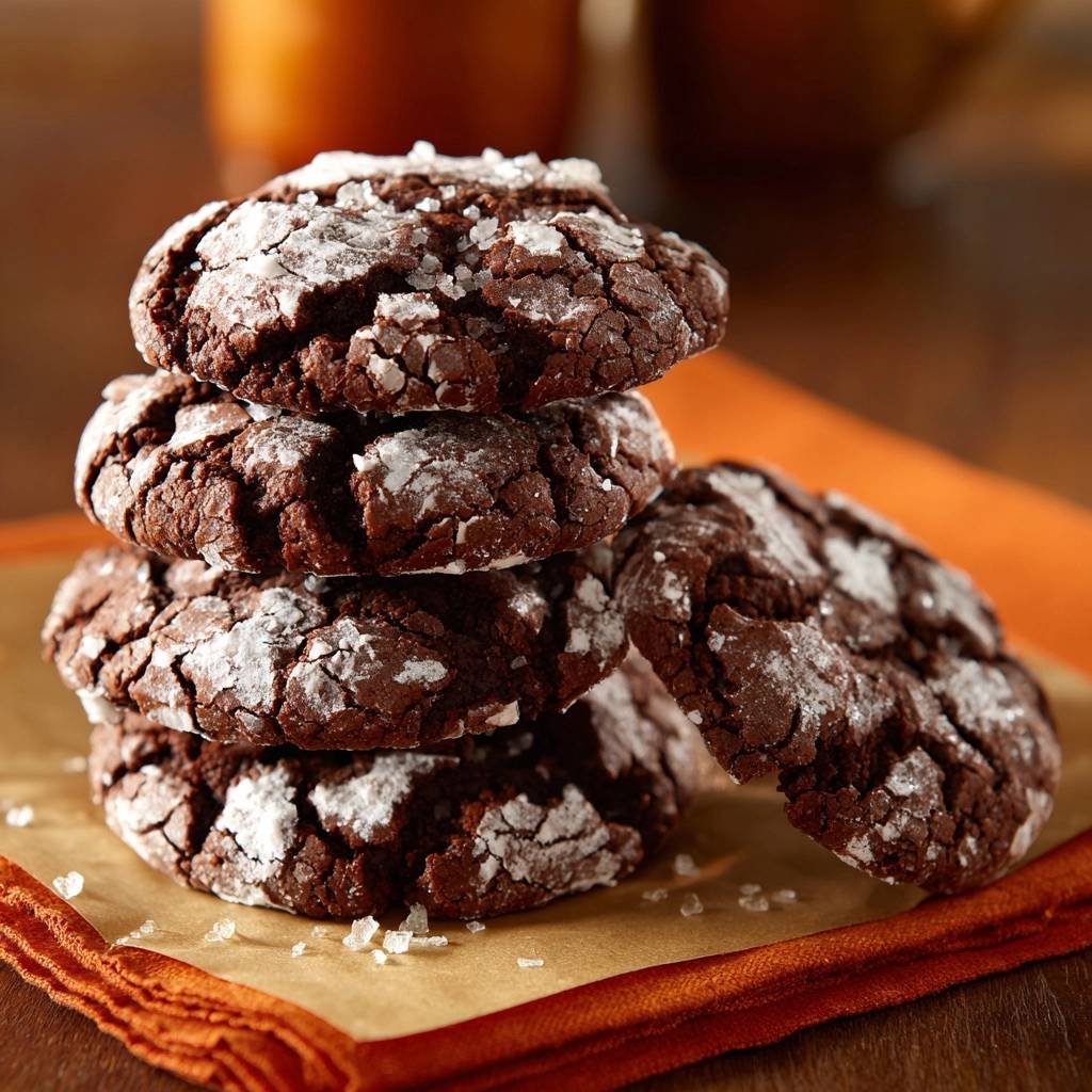 Schoko-Crinkle-Cookies mit Meersalz als Stapel nahaufnahme mit Puderzucker und grobem Salz bestreut