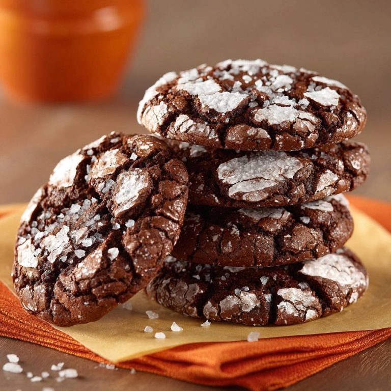 Schoko-Crinkle-Cookies mit Meersalz als Nahaufnahme eines Stapels von frisch gebackenen Keksen mit Puderzucker.