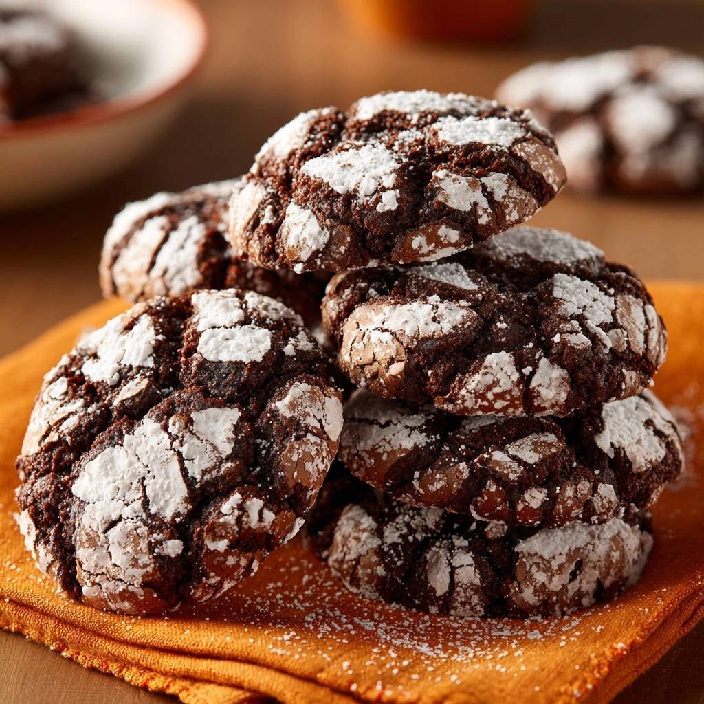 Schoko-Crinkle-Kekse, ein Stapel mit Puderzucker bestäubter Kekse auf einem orangen Tuch, Nahaufnahme.
