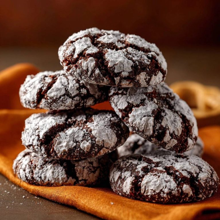 Schoko-Crinkle-Kekse, ein Stapel von frisch gebackenen Keksen mit Puderzucker überzogen, liegt auf einem orangen Tuch.