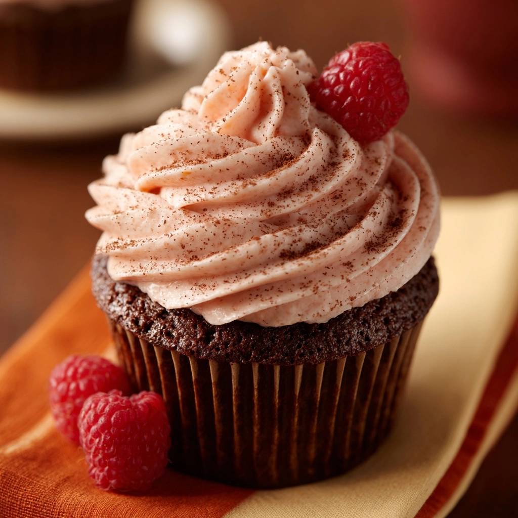 Schoko-Cupcakes mit Himbeer-Creme, garniert mit einer frischen Himbeere und bestäubt mit Kakaopulver.