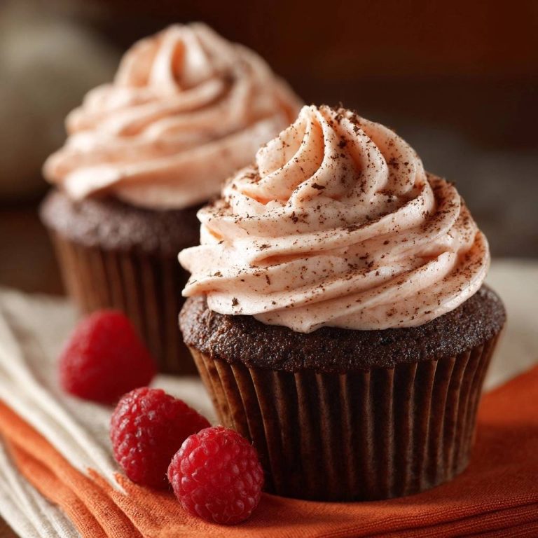 Schoko-Cupcakes mit Himbeer-Creme, mit frischen Himbeeren und Schokostreuseln garniert, Nahaufnahme der saftigen und fluffigen Cupcakes.