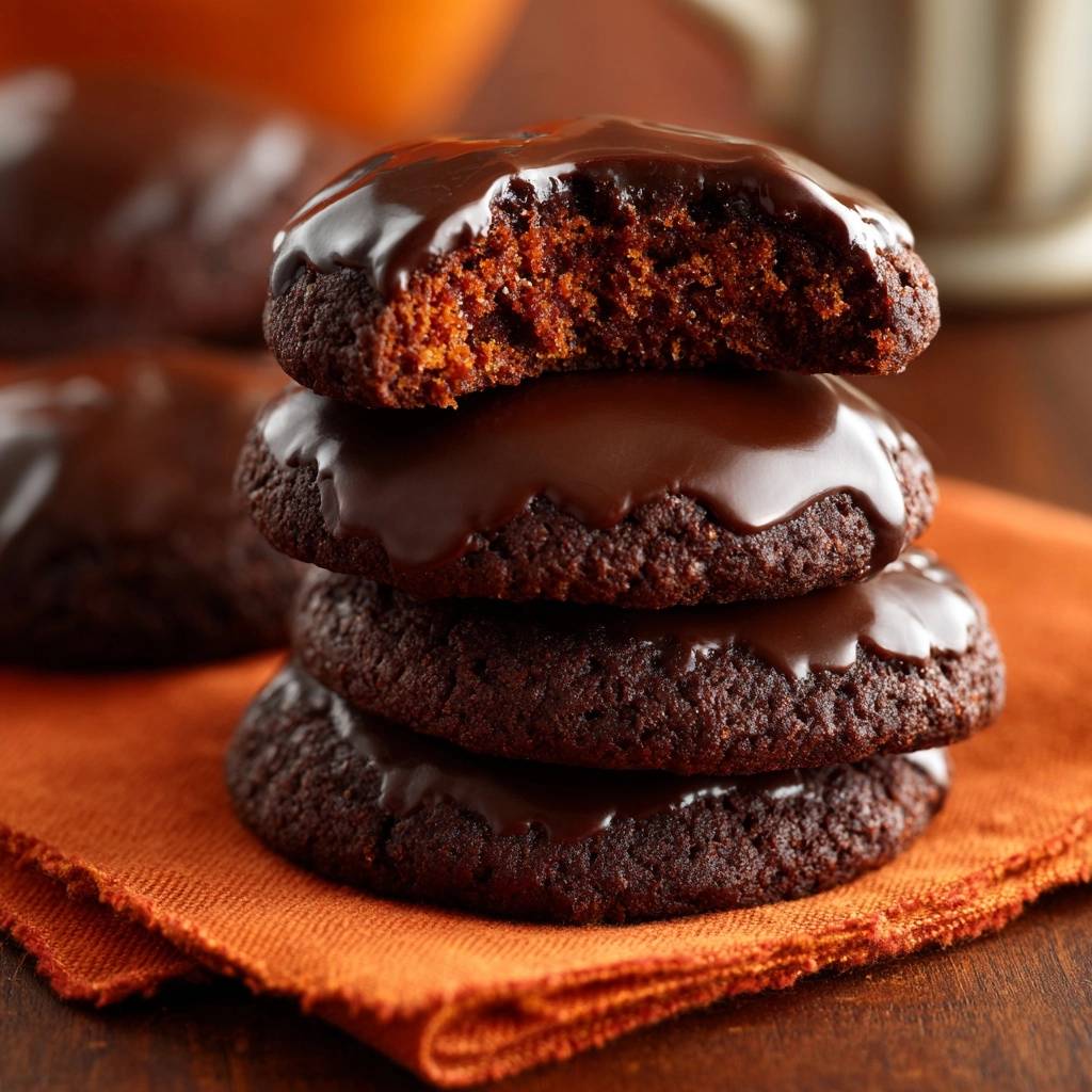 Schoko-Karamell-Cookies angeschnitten und gestapelt auf einem orangen Tuch, zeigen die saftige Innenseite.