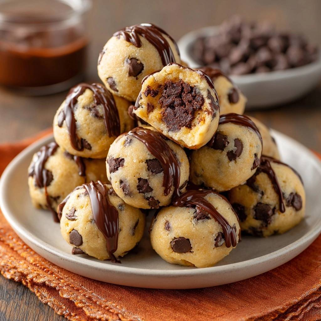Schoko-Lava-Cookie-Bites angeschnitten, die den flüssigen Schokoladenkern enthüllen, mit Schokoladenglasur beträufelt.