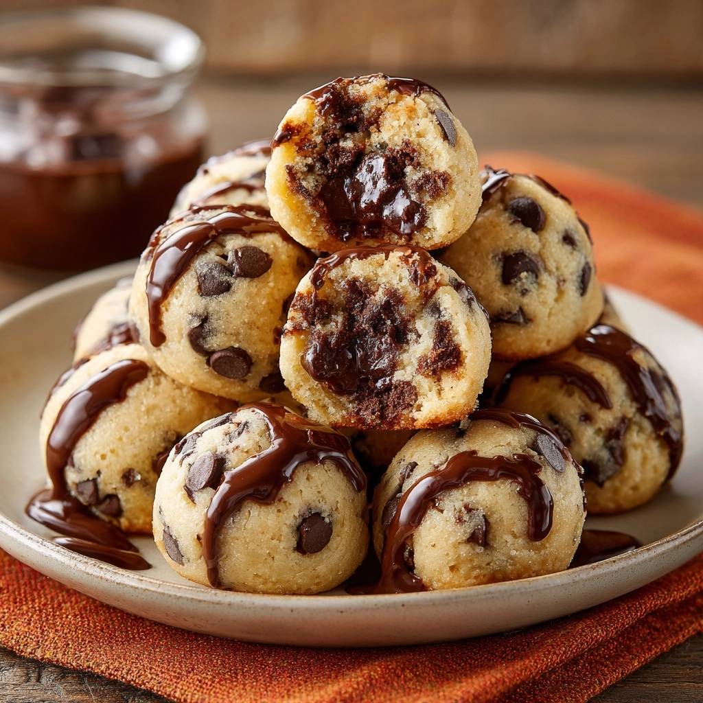 Schoko-Lava-Cookie-Bites im Anschnitt mit geschmolzenem Schokoladenkern und Schokostückchen, beträufelt mit Schokoladensauce.