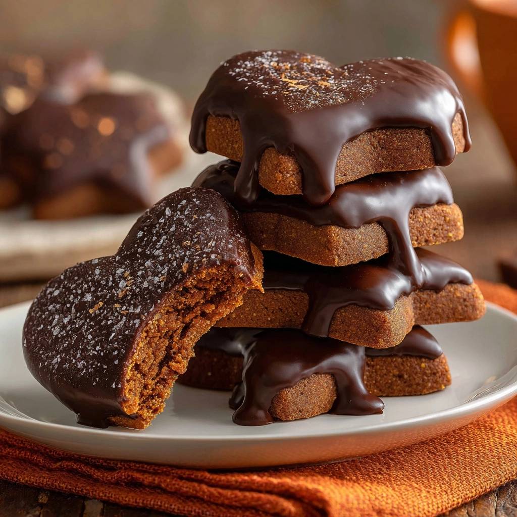 Saftige Schoko-Lebkuchen-Herzen angeschnitten, mit dunkler Schokoladenglasur überzogen und mit Meersalz bestreut.
