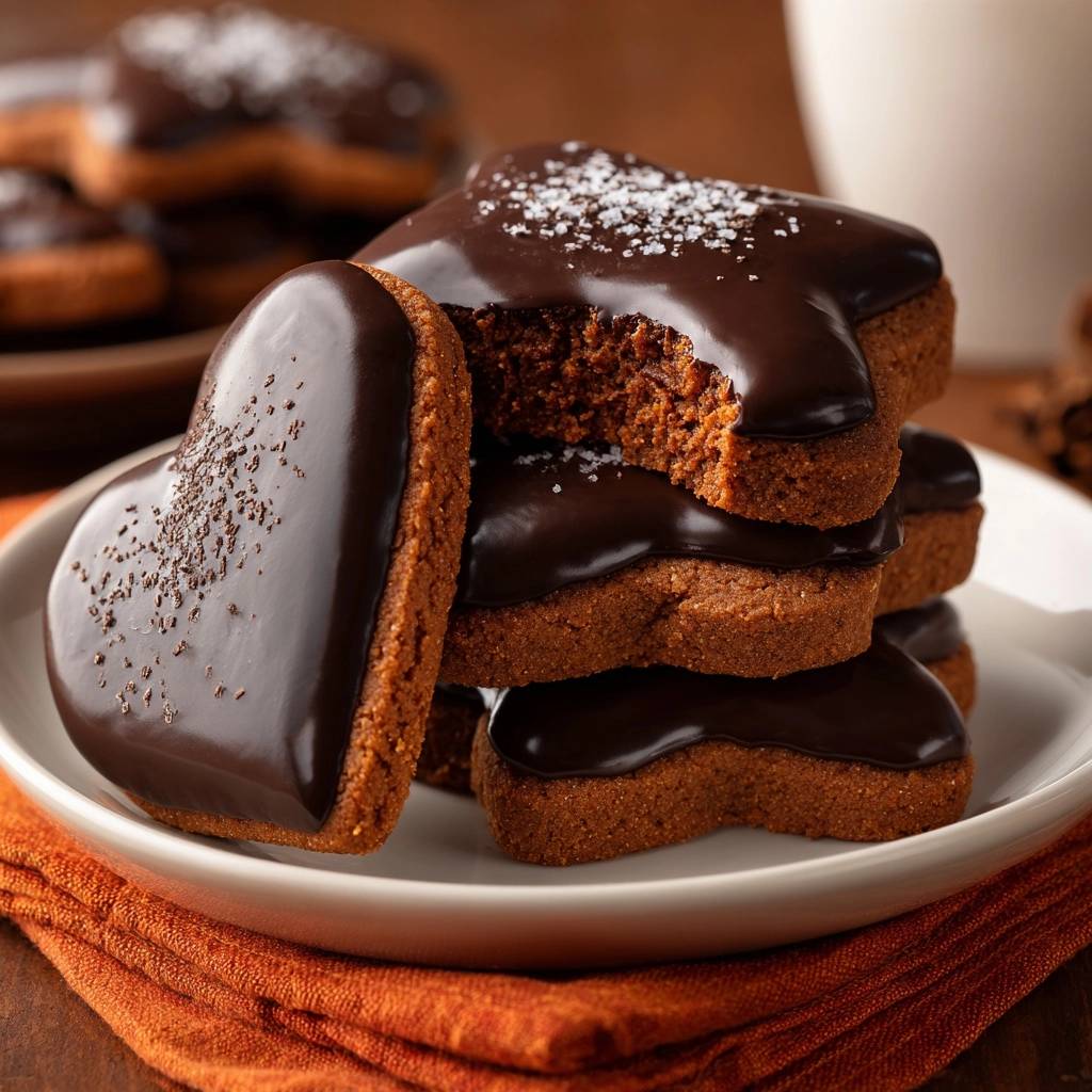 Saftige Schoko-Lebkuchen-Herzen, ein Herz-Keks ist angeschnitten und zeigt den weichen Schoko-Lebkuchen-Teig innen.