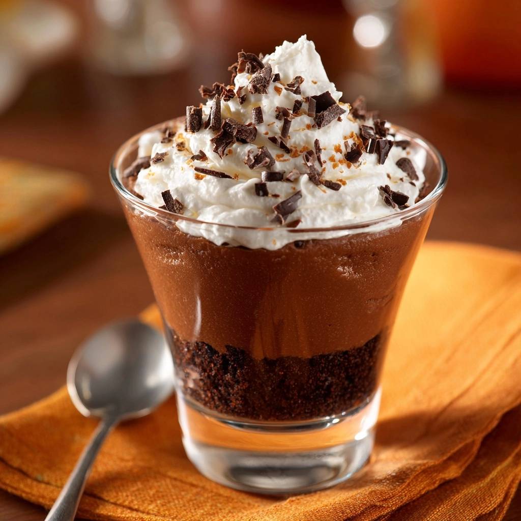 Schoko-Mousse-Glas mit Sahne und Schokostreuseln garniert, präsentiert in einem Glas auf einem orangen Tuch