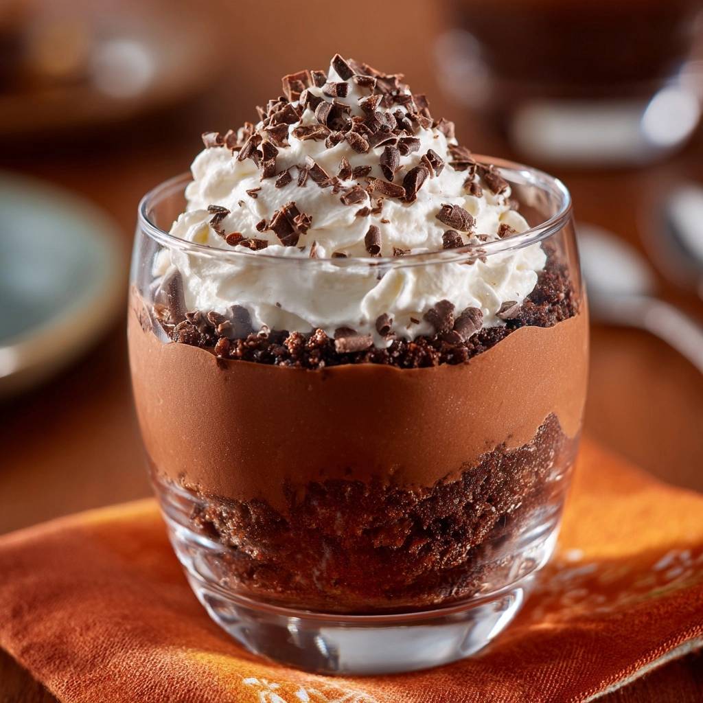 Schoko-Mousse-Glas mit Sahne und Schokostreuseln garniert, im Glas serviert