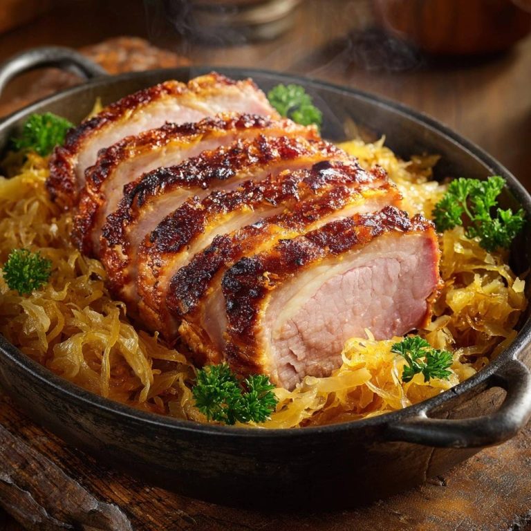 Knuspriger Schweinebraten mit Sauerkraut, angeschnitten und dampfend in einer Pfanne serviert, mit Petersilie garniert.