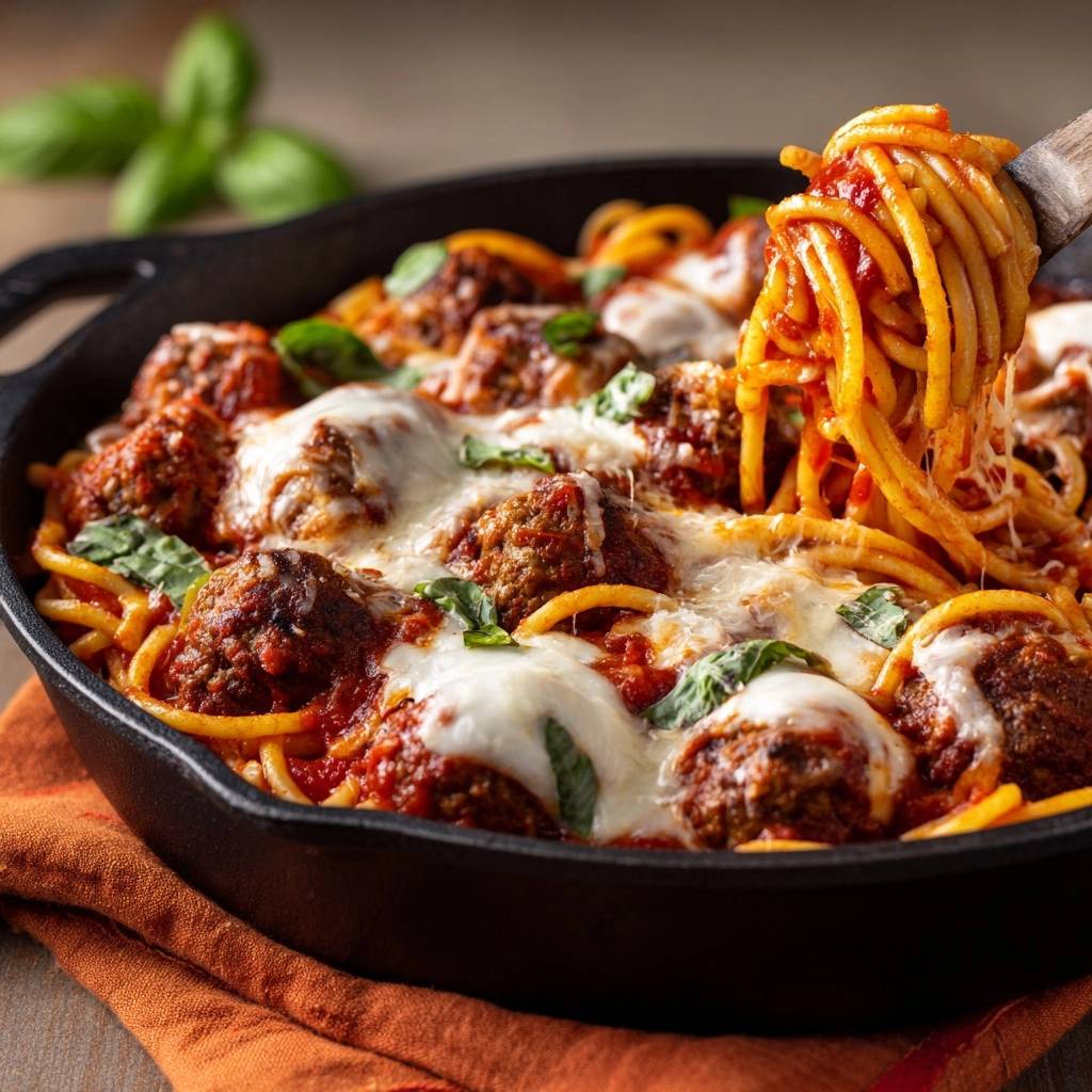 Spaghetti mit Fleischbällchen aus einer Pfanne, mit geschmolzenem Käse und frischem Basilikum garniert, Nahaufnahme.