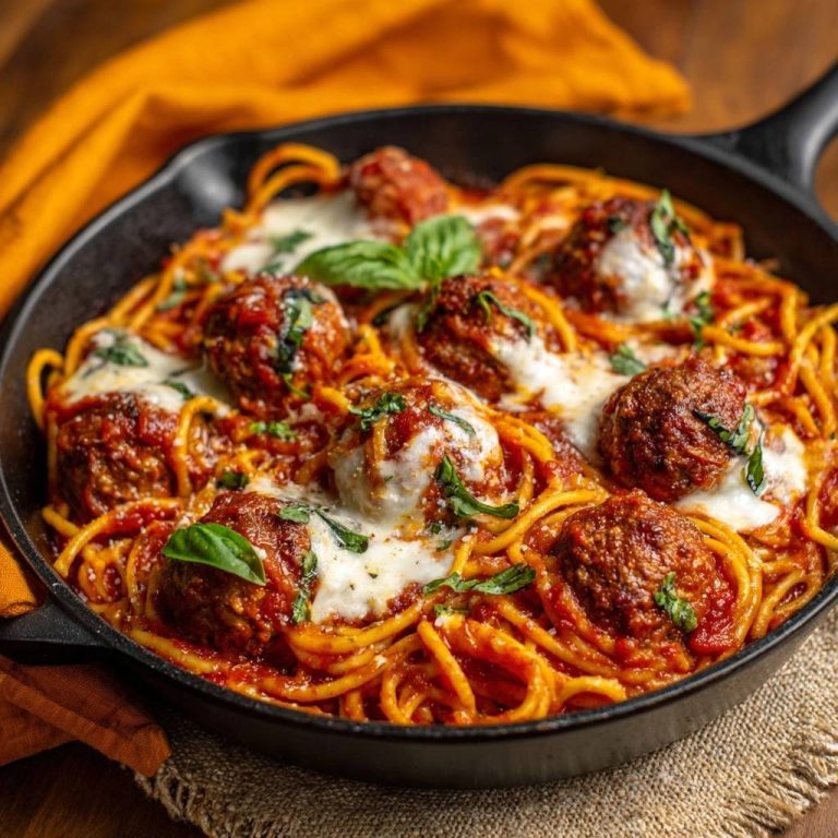 Spaghetti mit Fleischbällchen aus einer Pfanne, nahaufnahme der geschmolzenen Käsesauce und frischen Basilikumblättern
