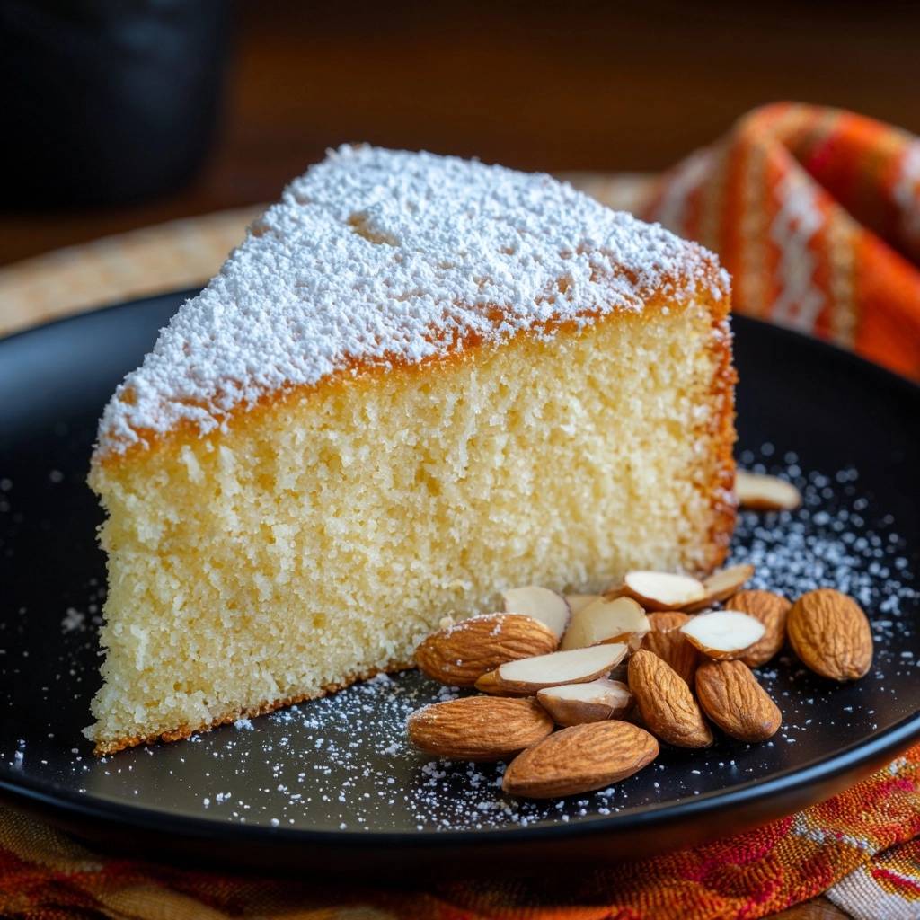 Spanischer Mandelkuchen (Tarta de Santiago) als angeschnittene Scheibe, bestäubt mit Puderzucker und garniert mit Mandeln.