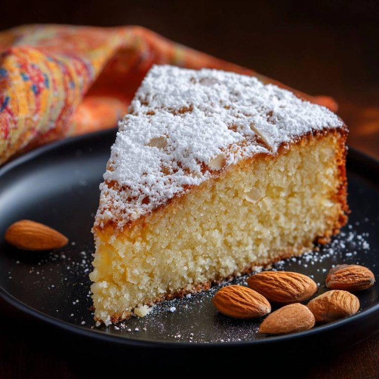 Spanischer Mandelkuchen (Tarta de Santiago) angeschnitten, mit Puderzucker bestäubt und Mandeln garniert auf schwarzem Teller