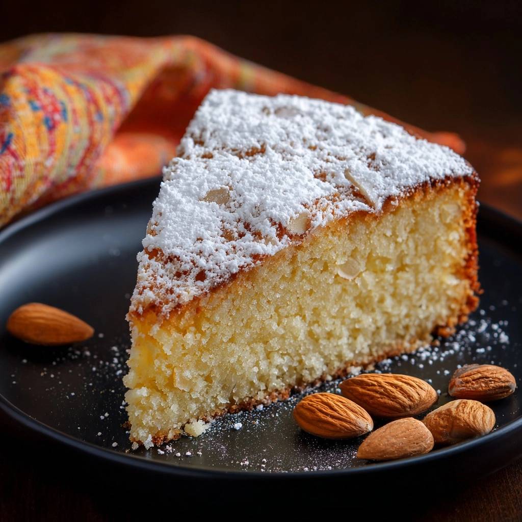 Spanischer Mandelkuchen (Tarta de Santiago) angeschnitten, mit Puderzucker bestäubt und Mandeln garniert auf schwarzem Teller