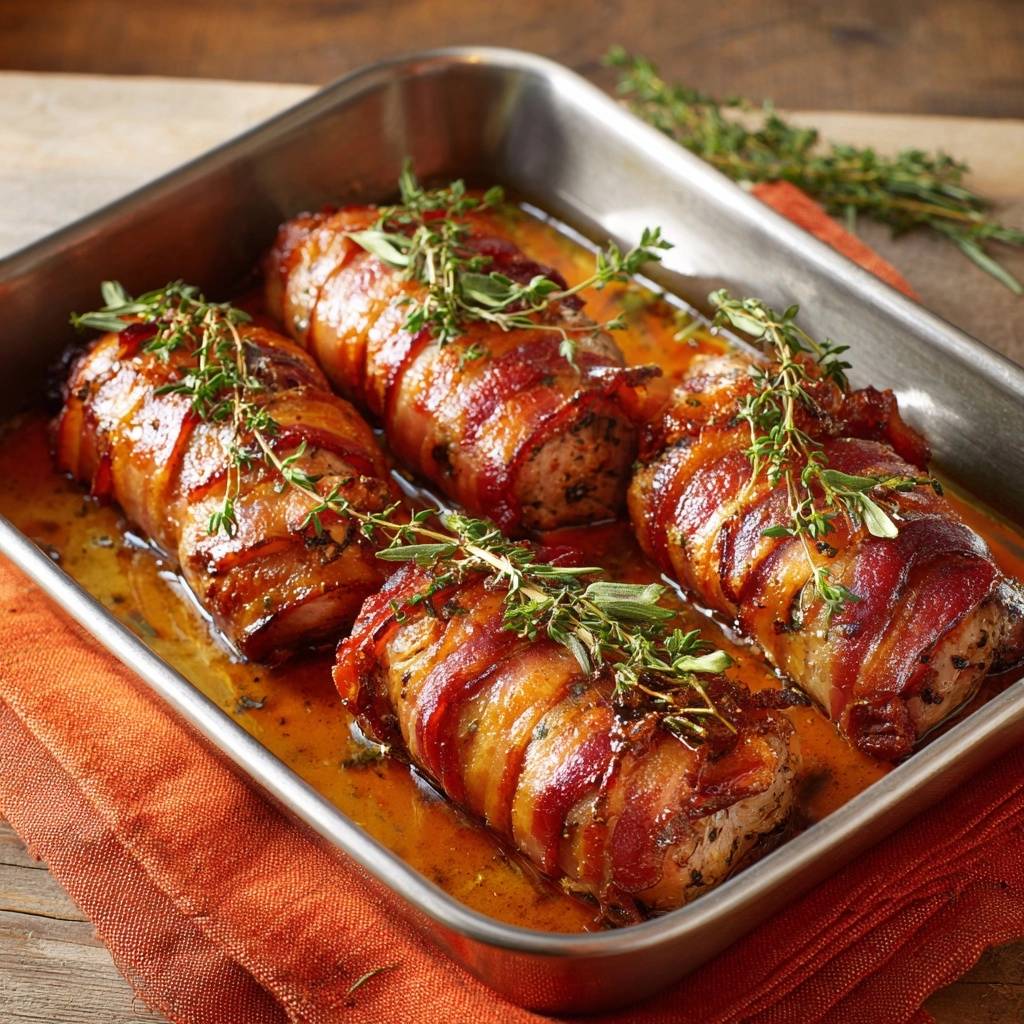 Saftige Speck-Hähnchen-Röllchen im Backblech mit frischem Thymian garniert, die saftige Sauce glänzt.