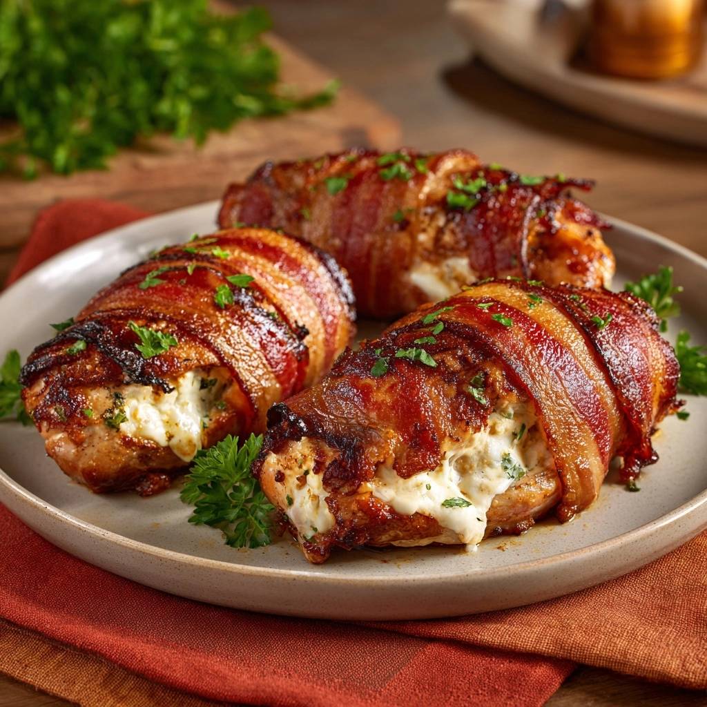 Speck-umwickelte Hähnchenbrust mit Kräuterfüllung, Nahaufnahme des geschmolzenen Käses und der Kräuter im Inneren.