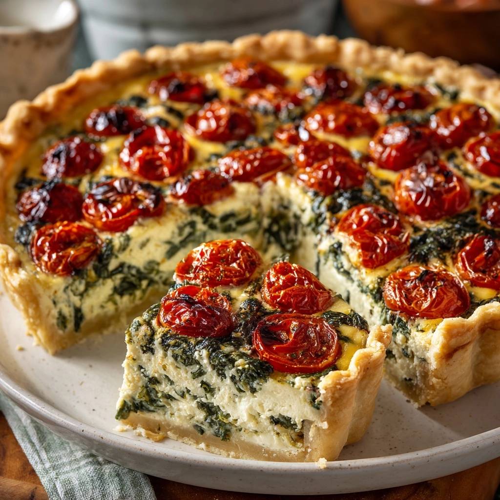 Spinat-Feta-Quiche mit gerösteten Tomaten, ein angeschnittenes Stück zeigt das cremige Innere und den knusprigen Boden.
