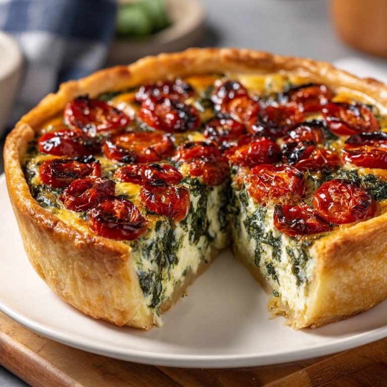 Spinat-Feta-Quiche mit gerösteten Tomaten, angeschnitten auf einem Teller, zeigt das Innere mit Spinat und Käsefüllung.